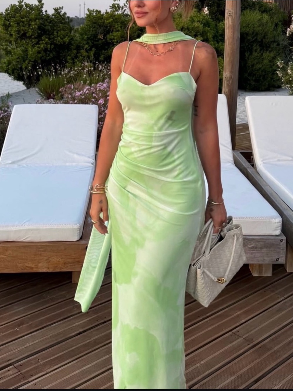 Zara Light Green Tie-Dye Slip Maxi Dress with Neck Scarf